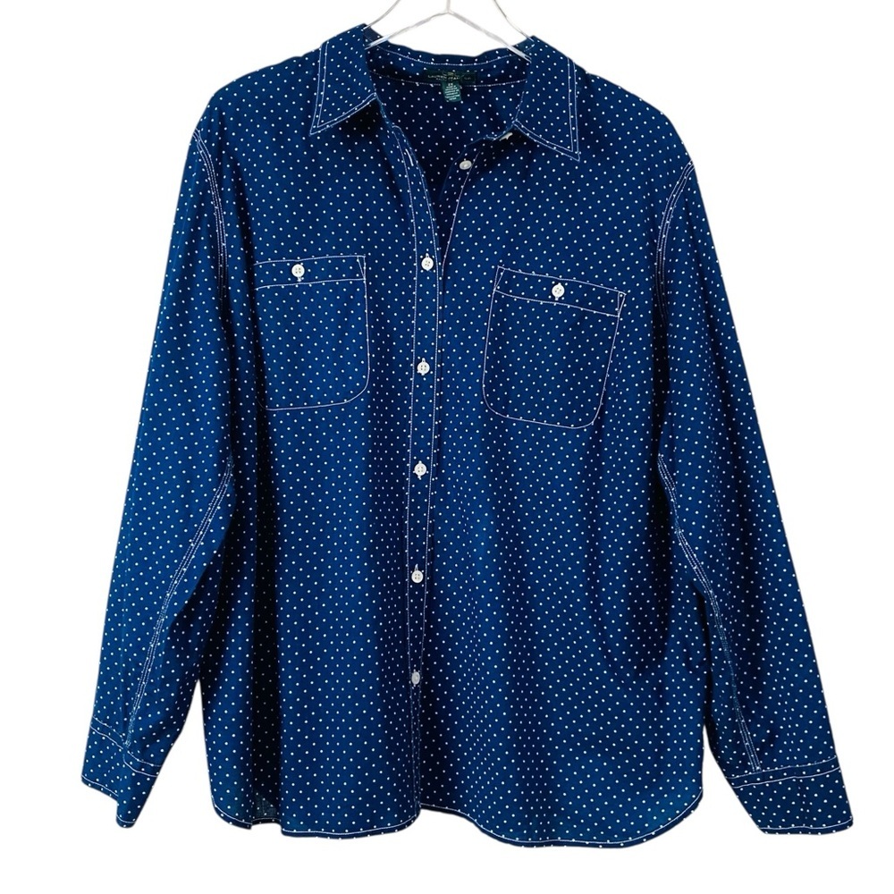 Lauren Ralph Lauren Jeans Navy Polkadot Long Sleeve Button Up Size 2X